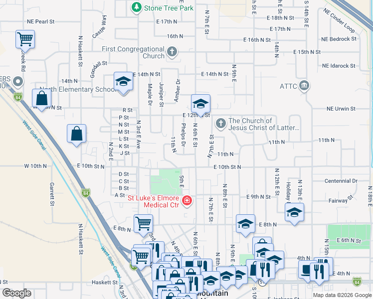 map of restaurants, bars, coffee shops, grocery stores, and more near 575 Phelps Circle in Mountain Home