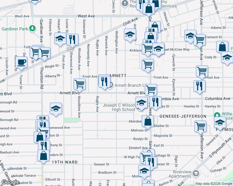 map of restaurants, bars, coffee shops, grocery stores, and more near Arnett Blvd & Wellington Ave in Rochester