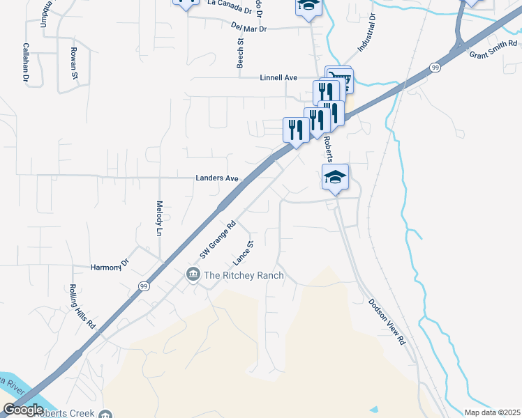 map of restaurants, bars, coffee shops, grocery stores, and more near 163 Highland Vista Lane in Roseburg