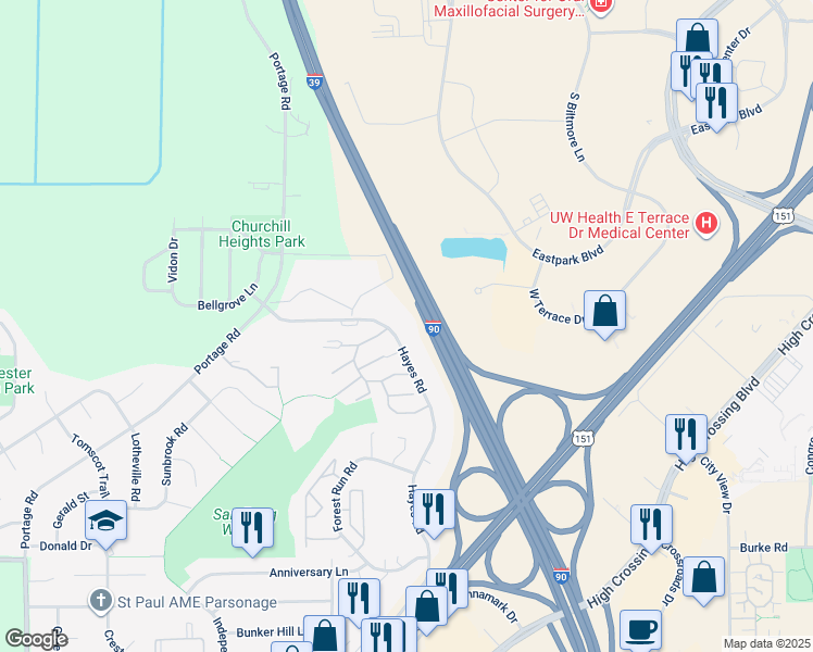 map of restaurants, bars, coffee shops, grocery stores, and more near 4701 Hayes Road in Madison