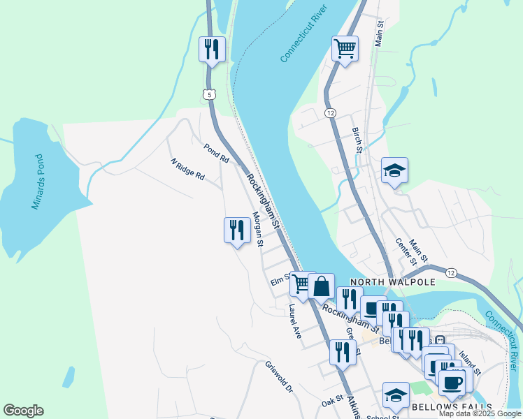 map of restaurants, bars, coffee shops, grocery stores, and more near 218 Rockingham Road in Town of Rockingham