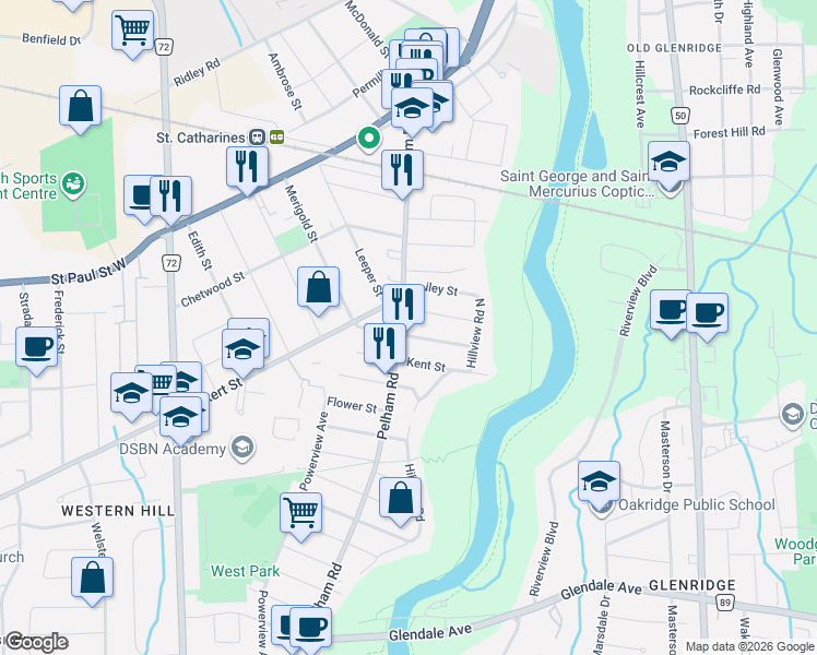 map of restaurants, bars, coffee shops, grocery stores, and more near 54 Pelham Road in St. Catharines