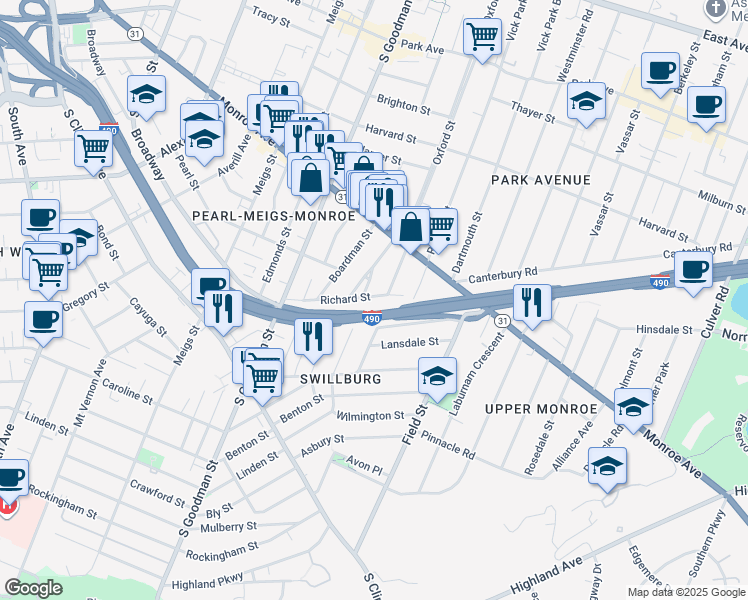 map of restaurants, bars, coffee shops, grocery stores, and more near 18 Sumner Park in Rochester