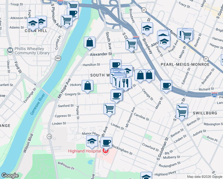 map of restaurants, bars, coffee shops, grocery stores, and more near 98 Hickory Street in Rochester