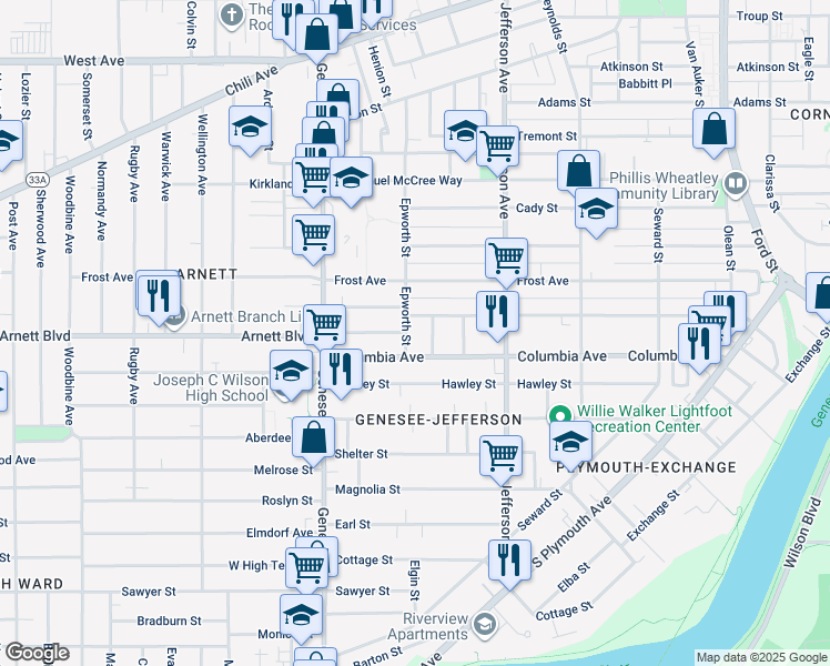 map of restaurants, bars, coffee shops, grocery stores, and more near 212 Bartlett Street in Rochester