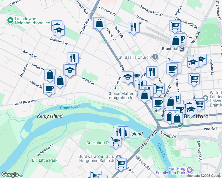 map of restaurants, bars, coffee shops, grocery stores, and more near 27 Jarvis Street in Brantford
