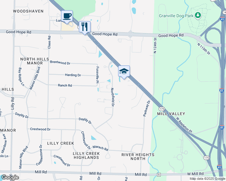 map of restaurants, bars, coffee shops, grocery stores, and more near W129N6889 Northfield Drive in Menomonee Falls