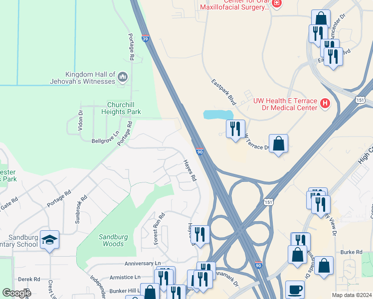 map of restaurants, bars, coffee shops, grocery stores, and more near 4682 Hayes Road in Madison