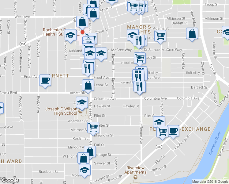 map of restaurants, bars, coffee shops, grocery stores, and more near 318 Epworth Street in Rochester