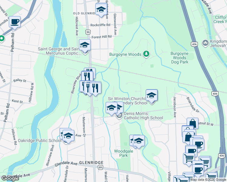 map of restaurants, bars, coffee shops, grocery stores, and more near 35 Towering Heights Boulevard in Saint Catharines