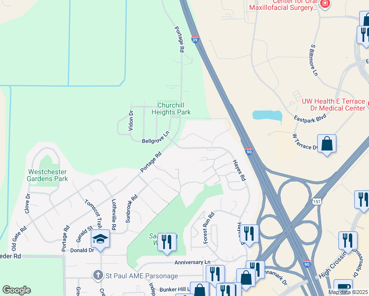 map of restaurants, bars, coffee shops, grocery stores, and more near Hayes Rd & W Village Green Ln in Madison