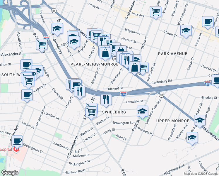 map of restaurants, bars, coffee shops, grocery stores, and more near 94 Boardman Street in Rochester