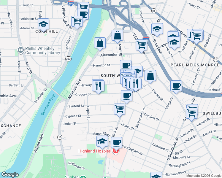 map of restaurants, bars, coffee shops, grocery stores, and more near 78 Hickory Street in Rochester