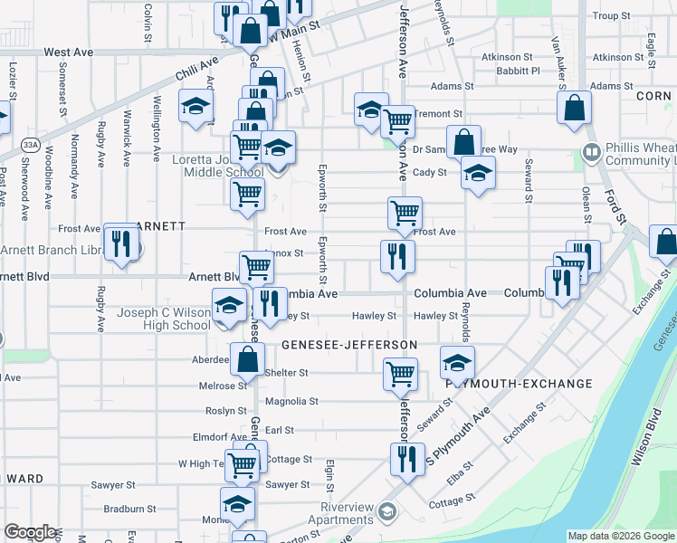 map of restaurants, bars, coffee shops, grocery stores, and more near 212 Bartlett Street in Rochester
