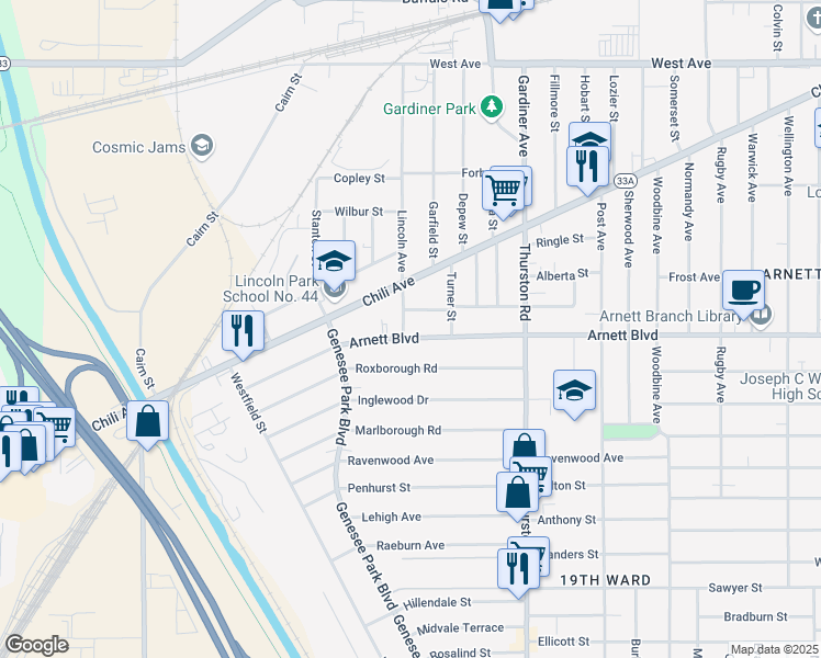 map of restaurants, bars, coffee shops, grocery stores, and more near 140 Devonshire Court in Rochester