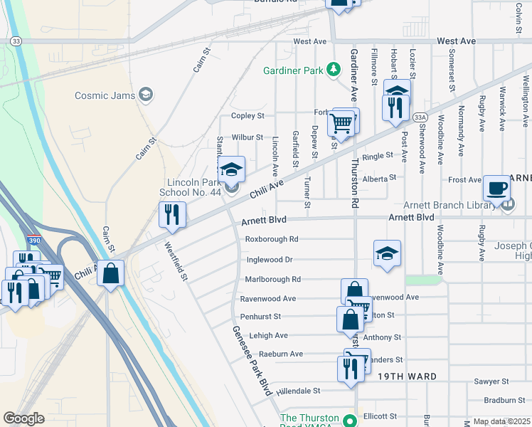map of restaurants, bars, coffee shops, grocery stores, and more near 765 Chili Avenue in Rochester