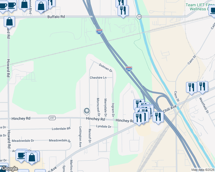 map of restaurants, bars, coffee shops, grocery stores, and more near 7 Cheshire Lane in Rochester