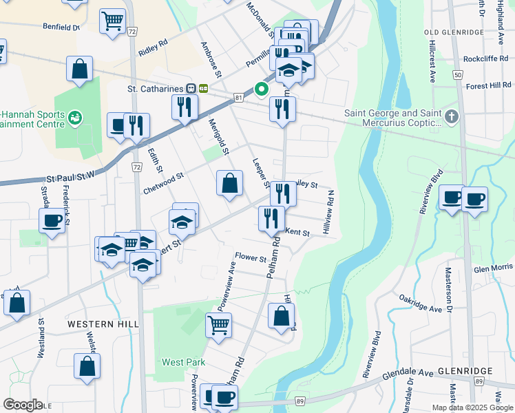 map of restaurants, bars, coffee shops, grocery stores, and more near 22 Rykert Street in St. Catharines