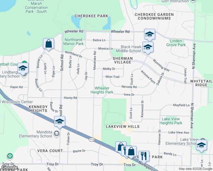 map of restaurants, bars, coffee shops, grocery stores, and more near 1205 Nevada Road in Madison