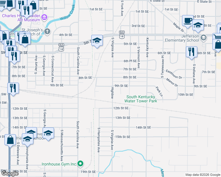 map of restaurants, bars, coffee shops, grocery stores, and more near 821 South Virginia Avenue in Mason City