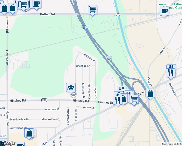map of restaurants, bars, coffee shops, grocery stores, and more near 7 Cheshire Lane in Rochester