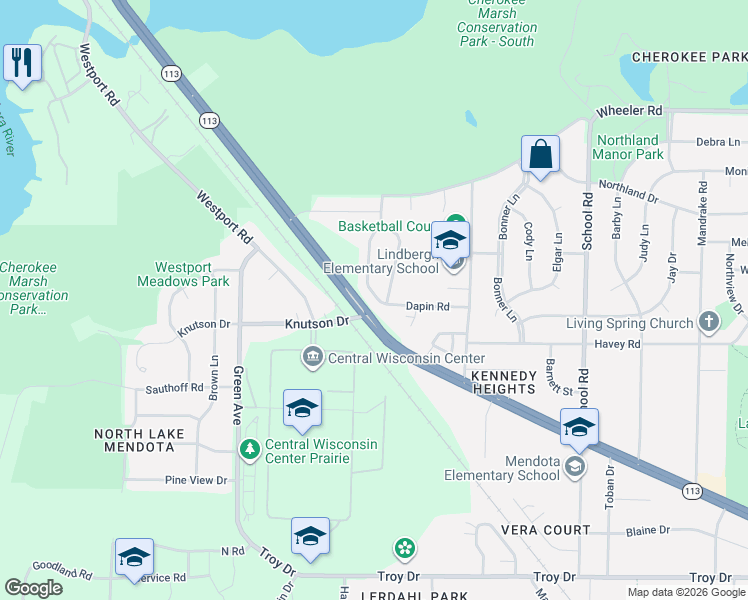 map of restaurants, bars, coffee shops, grocery stores, and more near 4428 White Aspen Road in Madison