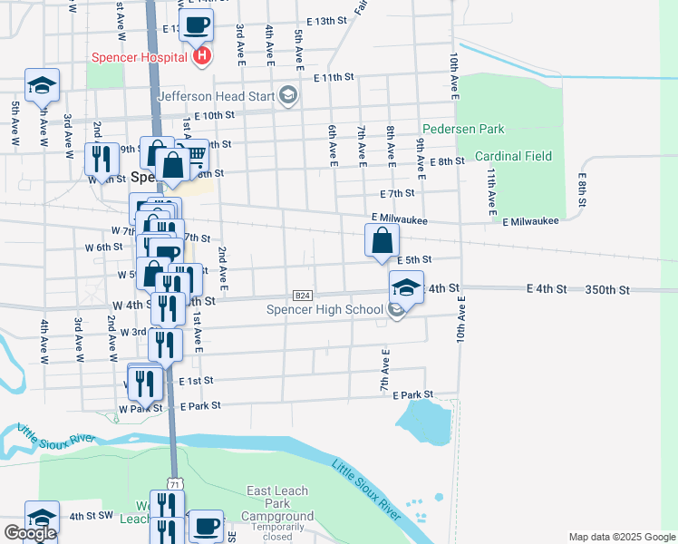 map of restaurants, bars, coffee shops, grocery stores, and more near 605 E 5th St in Spencer