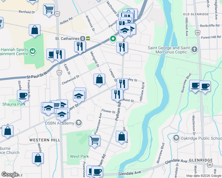 map of restaurants, bars, coffee shops, grocery stores, and more near 29 Rykert Street in St. Catharines