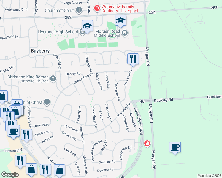 map of restaurants, bars, coffee shops, grocery stores, and more near 27 Nectarine Lane in Liverpool
