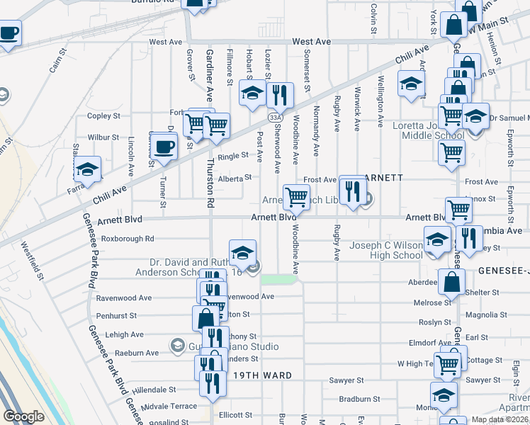 map of restaurants, bars, coffee shops, grocery stores, and more near 177 Sherwood Avenue in Rochester