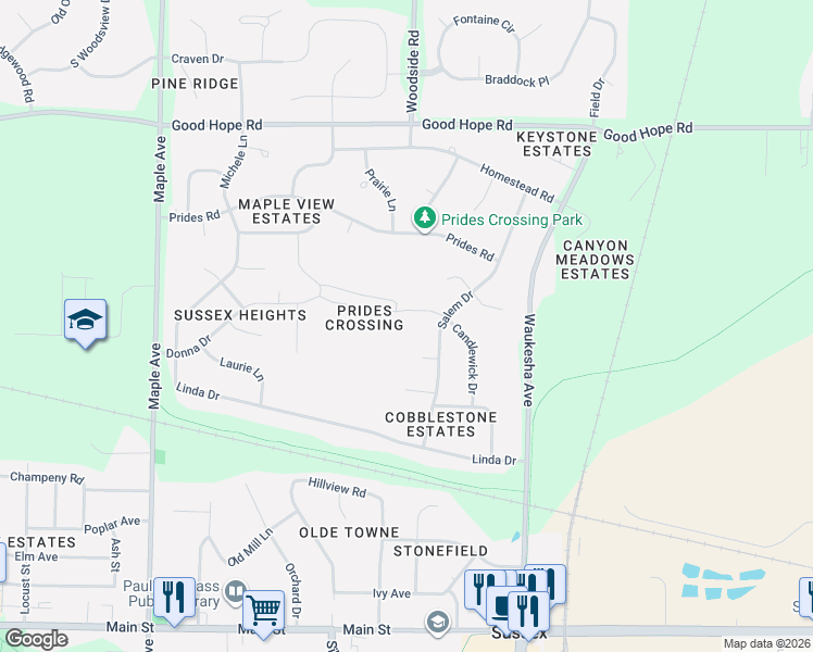 map of restaurants, bars, coffee shops, grocery stores, and more near N69W23478 Donna Drive in Sussex