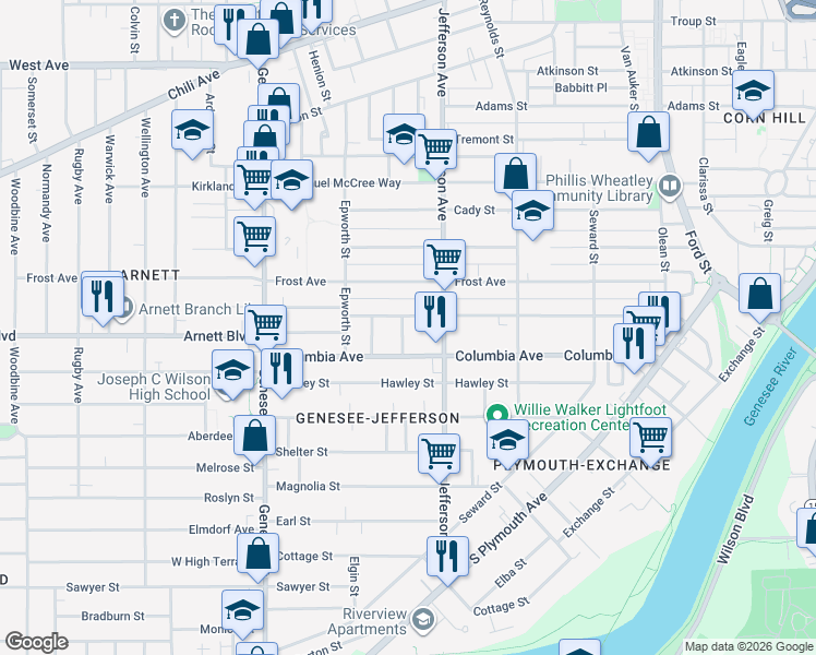 map of restaurants, bars, coffee shops, grocery stores, and more near 184 Bartlett Street in Rochester
