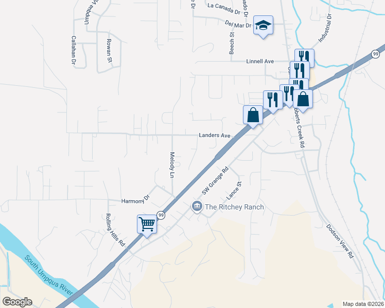 map of restaurants, bars, coffee shops, grocery stores, and more near 189 Bobwhite Street in Roseburg