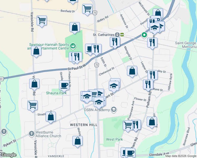 map of restaurants, bars, coffee shops, grocery stores, and more near 180 Louth Street in St. Catharines