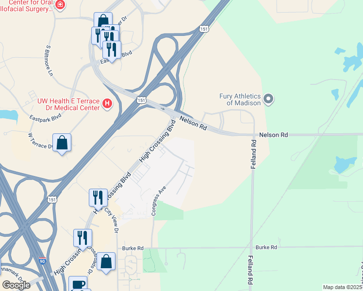 map of restaurants, bars, coffee shops, grocery stores, and more near 3501 Cross Hill Drive in Madison