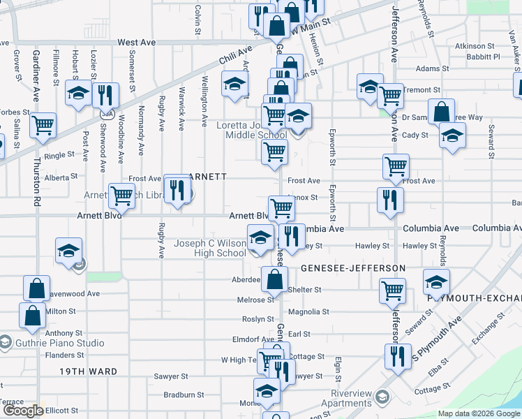 map of restaurants, bars, coffee shops, grocery stores, and more near 141 Lenox Street in Rochester