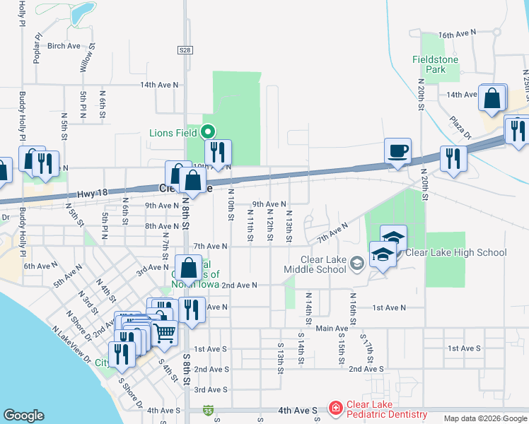 map of restaurants, bars, coffee shops, grocery stores, and more near 1200 9th Avenue North in Clear Lake