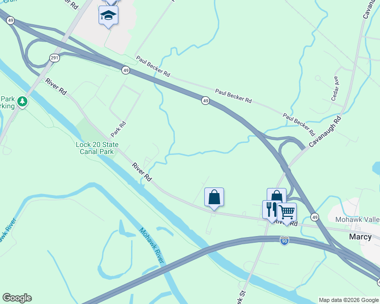 map of restaurants, bars, coffee shops, grocery stores, and more near 9145 River Road in Marcy