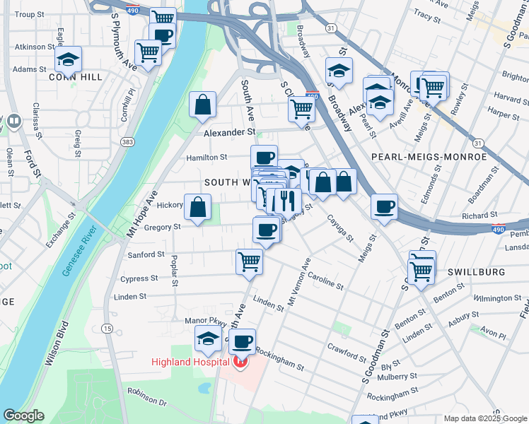 map of restaurants, bars, coffee shops, grocery stores, and more near 98 Hickory Street in Rochester