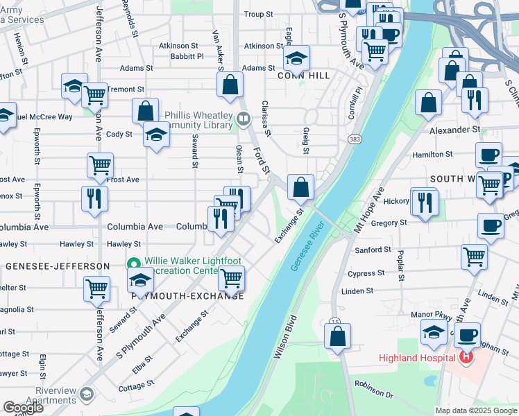 map of restaurants, bars, coffee shops, grocery stores, and more near 70 Coretta Scott Crossing in Rochester