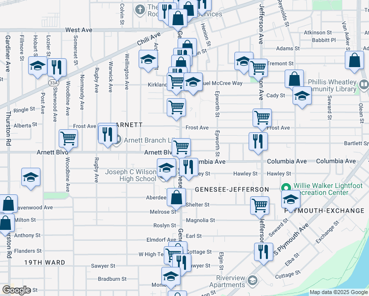 map of restaurants, bars, coffee shops, grocery stores, and more near 85 Lenox Street in Rochester