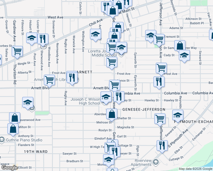 map of restaurants, bars, coffee shops, grocery stores, and more near 141 Lenox Street in Rochester