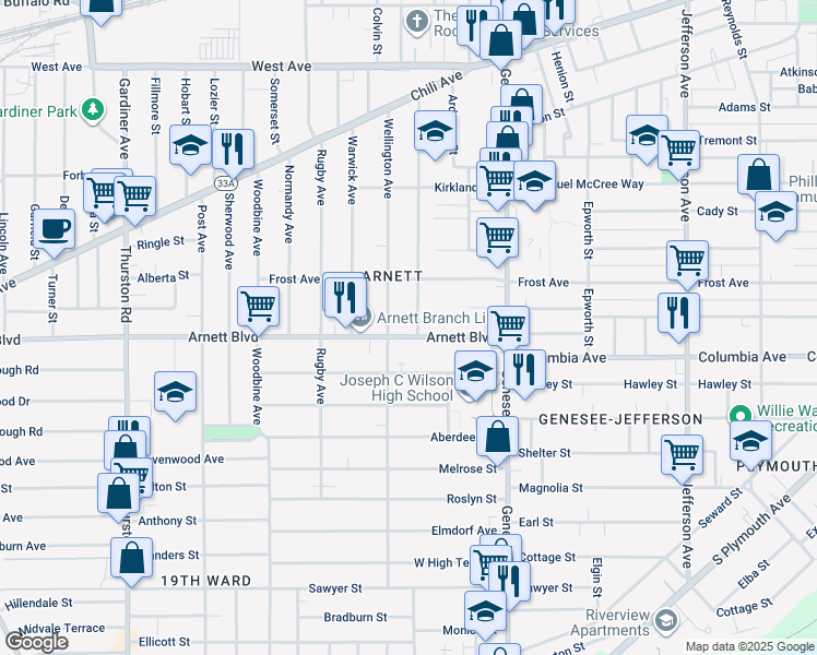 map of restaurants, bars, coffee shops, grocery stores, and more near 299 Kenwood Avenue in Rochester
