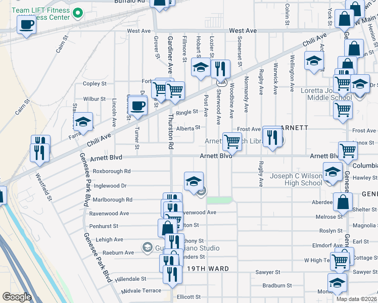 map of restaurants, bars, coffee shops, grocery stores, and more near 65 Wilton Terrace in Rochester