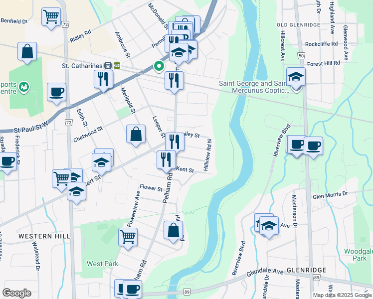 map of restaurants, bars, coffee shops, grocery stores, and more near 7 Antwerp Street in St. Catharines