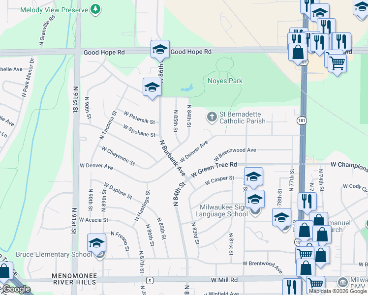 map of restaurants, bars, coffee shops, grocery stores, and more near 8417 West Cheyenne Street in Milwaukee