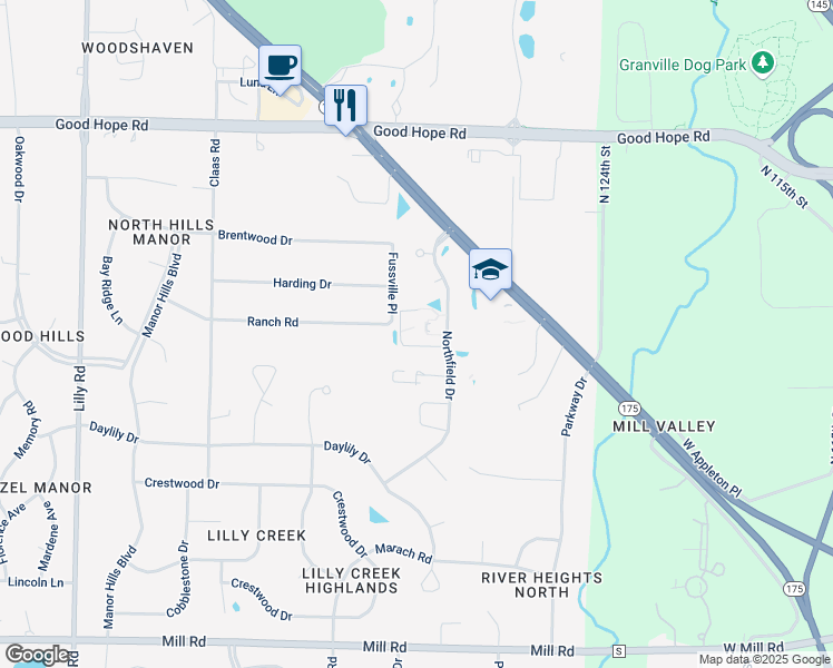 map of restaurants, bars, coffee shops, grocery stores, and more near W129N6889 Northfield Drive in Menomonee Falls
