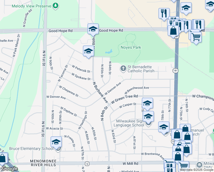 map of restaurants, bars, coffee shops, grocery stores, and more near 8417 West Cheyenne Street in Milwaukee