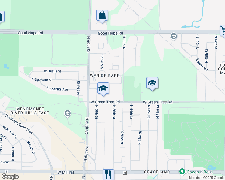 map of restaurants, bars, coffee shops, grocery stores, and more near 5608 West Green Tree Road in Milwaukee