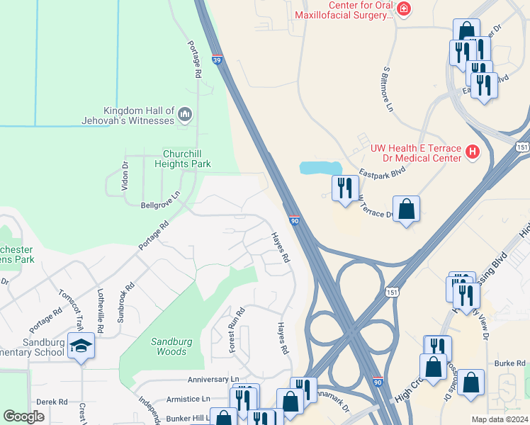 map of restaurants, bars, coffee shops, grocery stores, and more near 4682 Hayes Road in Madison